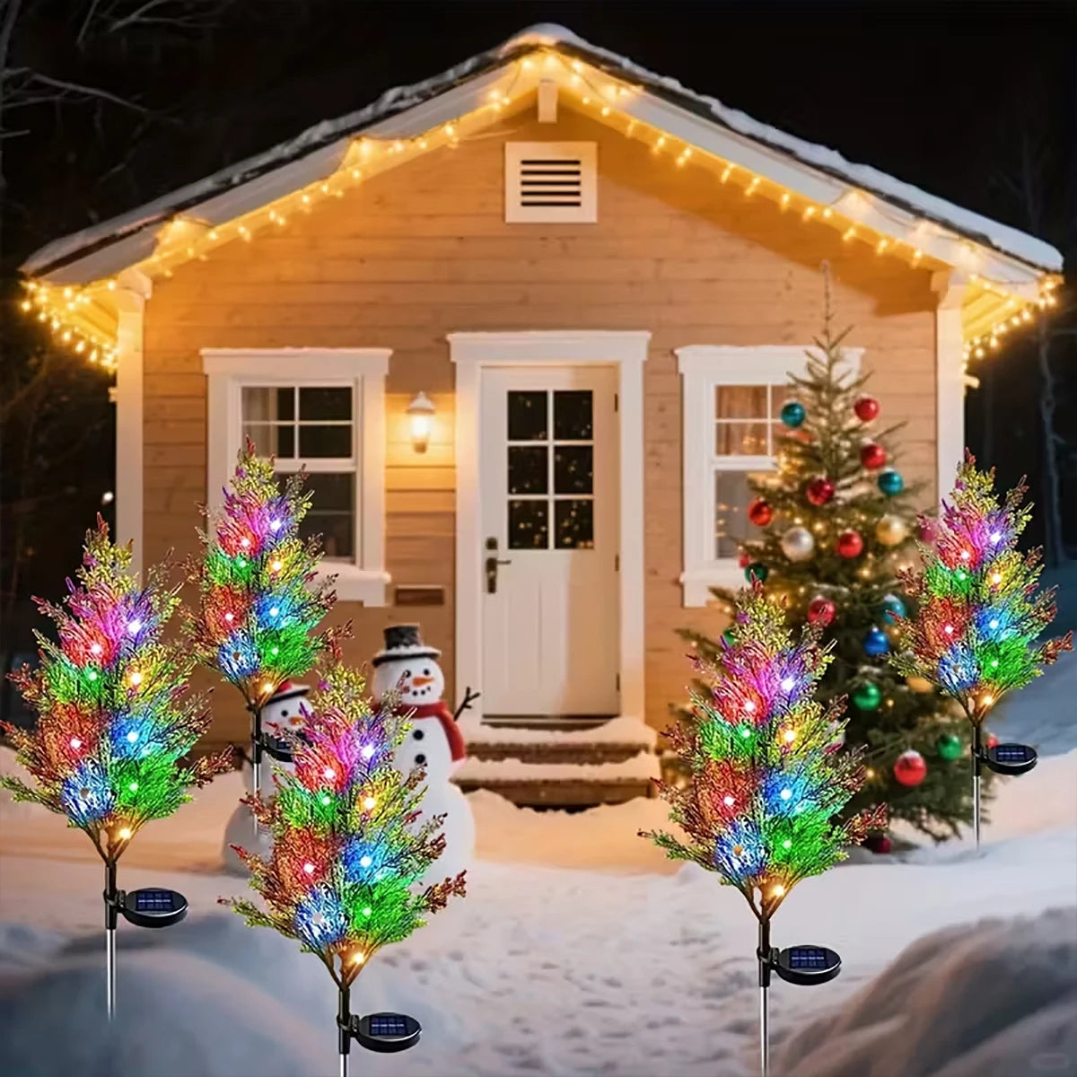 Solar pine tree light at night